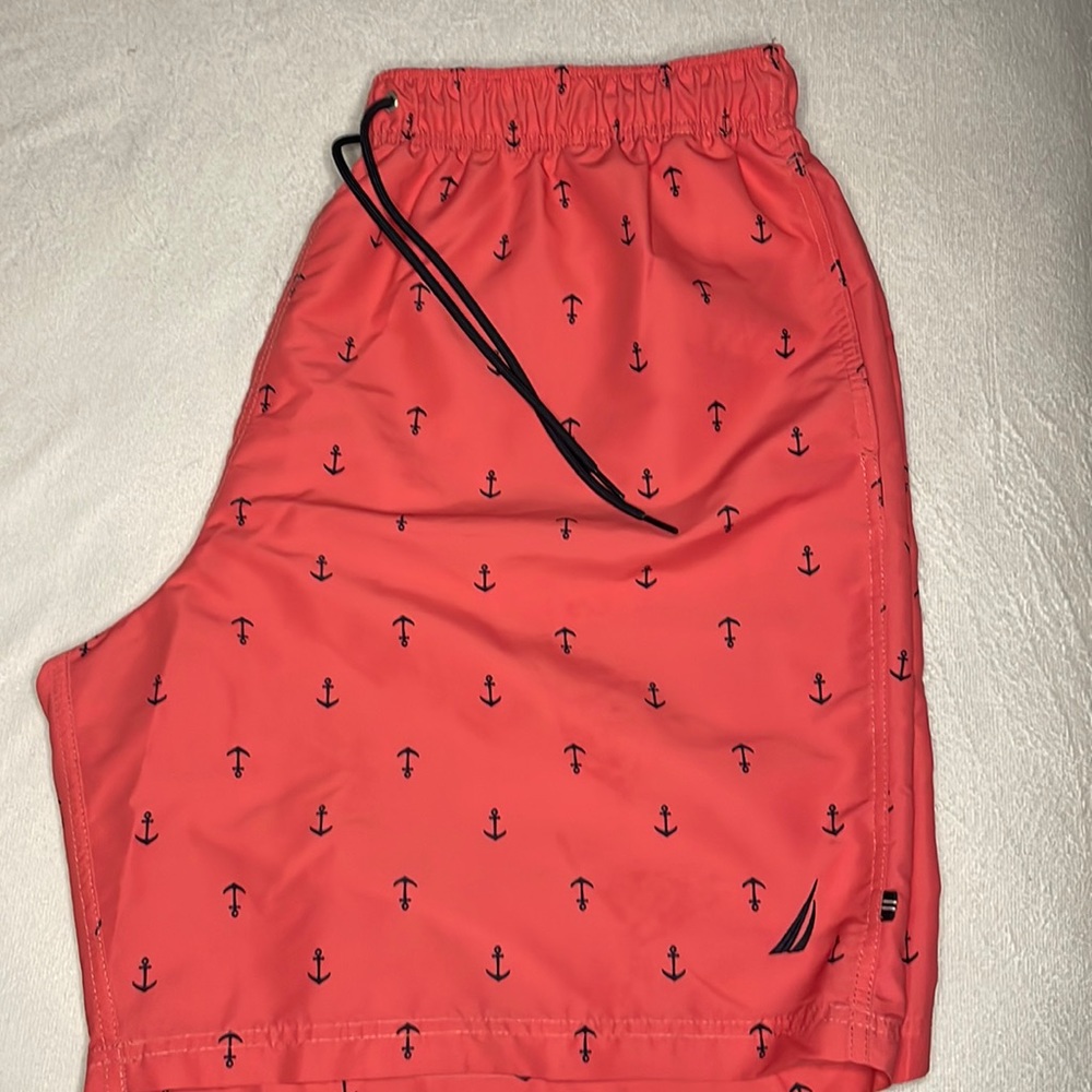Nautica Men’s Quick-Dry Anchor Print Salmon Pink Swim Shorts